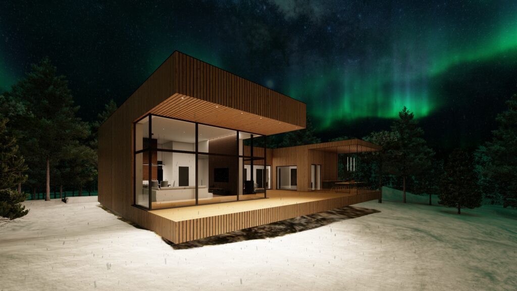 Kaasaegne puitfassaadiga eramu öises talvemaastikus, klaasfassaad ja virmalised taevas.
