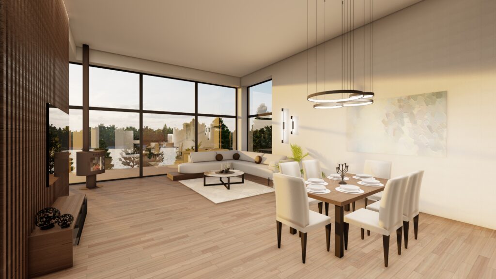 Kaasaegne elutuba ja söögituba avatud planeeringuga, kamin, panoraamaknad ja elegantne skandinaavialik sisekujundus.