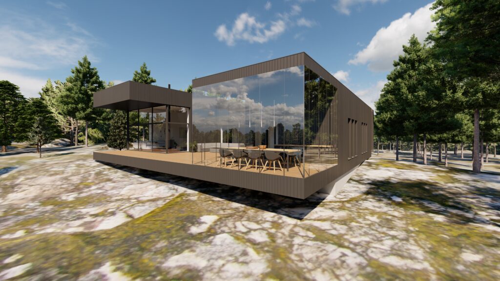 Kaasaegne klaasfassaadiga eramu metsases looduskeskkonnas