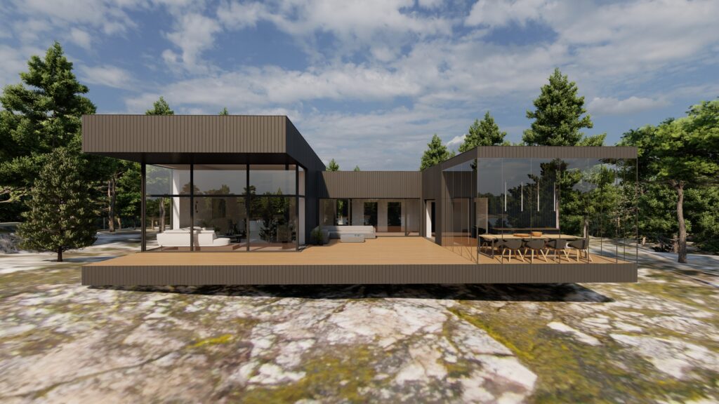 Kaasaegne klaasmaja looduskeskkonnas, avar terrass ja elegantne minimalistlik arhitektuur