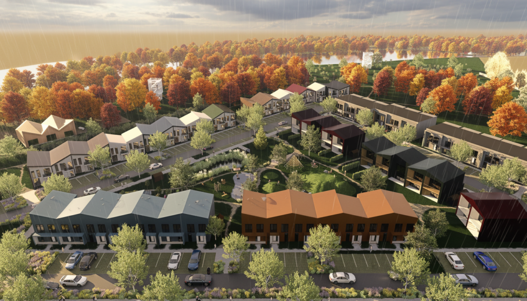 Kaasaegne ridaelamute ja eramute arendus veekogu kaldal