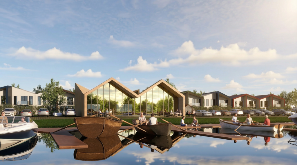 Skandinaavia stiilis elamud rohelises jõeäärses piirkonnas