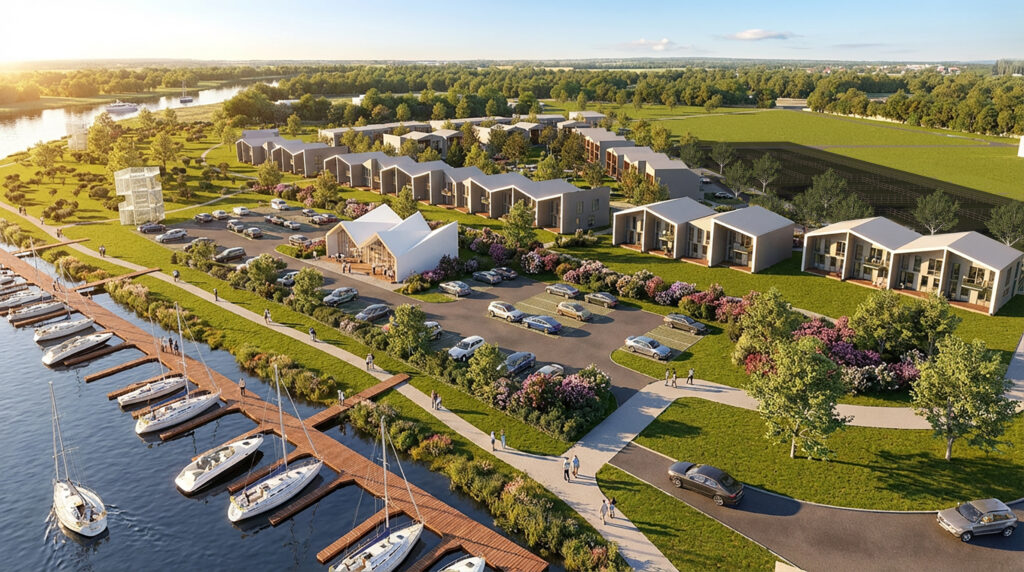 Moodne elamurajoon jahisadama ja rohealadega jõe ääres